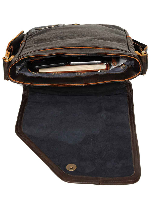 Brown men's leather bag, unzipped.