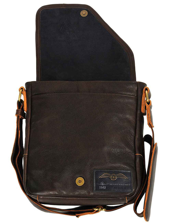 Brown men's leather bag, open.