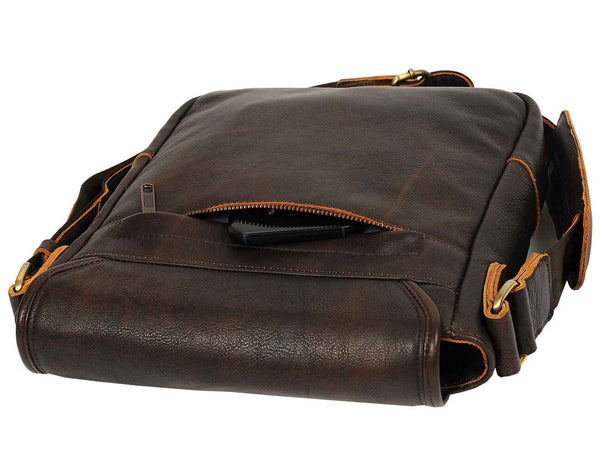 Brown men's leather bag with an unzipped pocket.