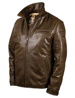 Brown leather jacket on a white background.