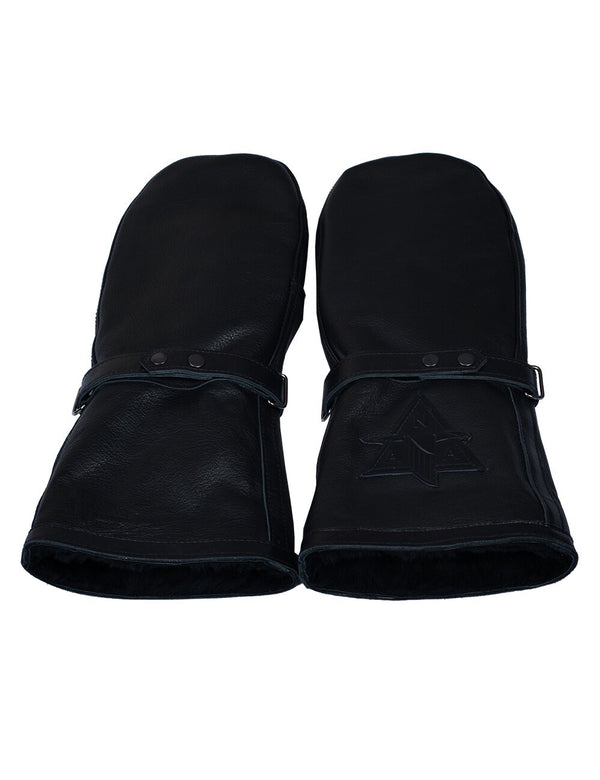 Black men's leather mittens with fur.