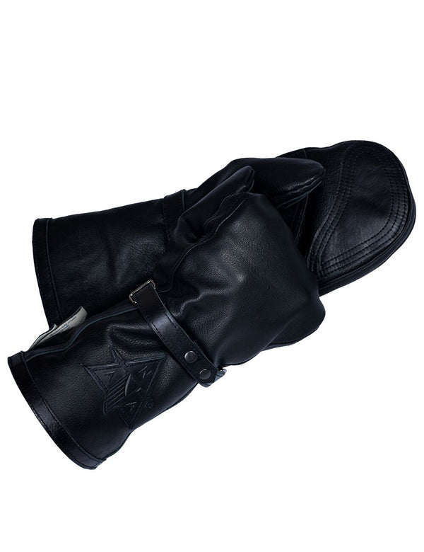 Black men's leather mittens with fur.