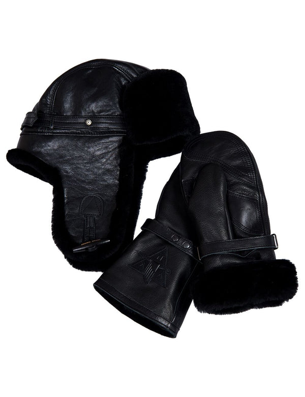 Men's black sheepskin ushanka and black men's fur mittens.