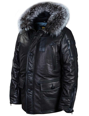 Men's black leather jacket with hood.