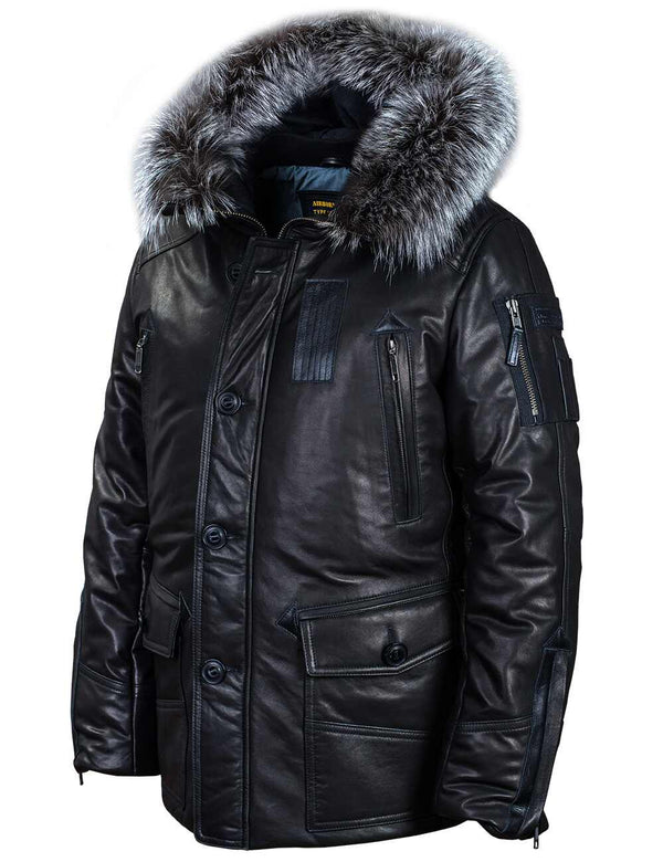 Men's black leather jacket with hood.