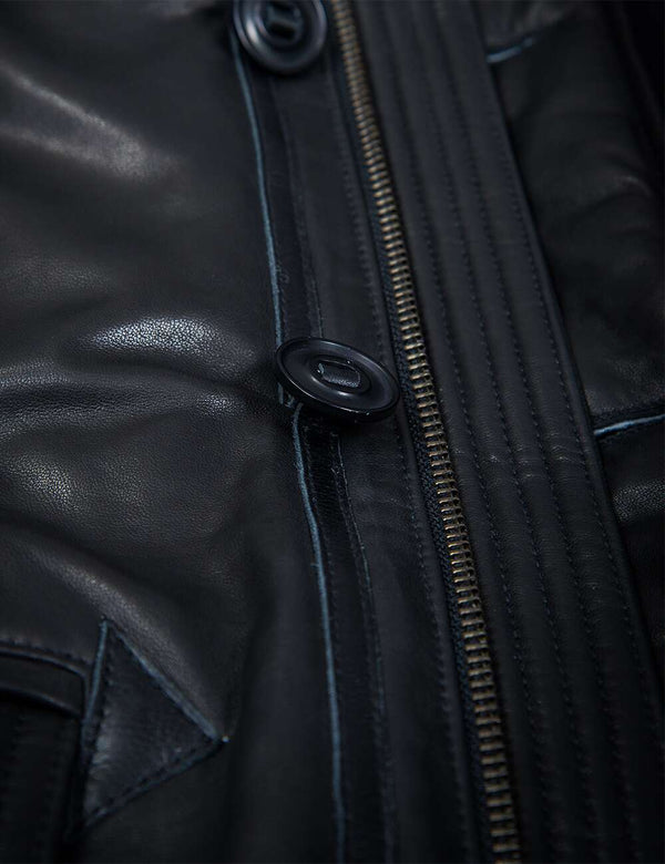 Buttons on a black leather jacket.