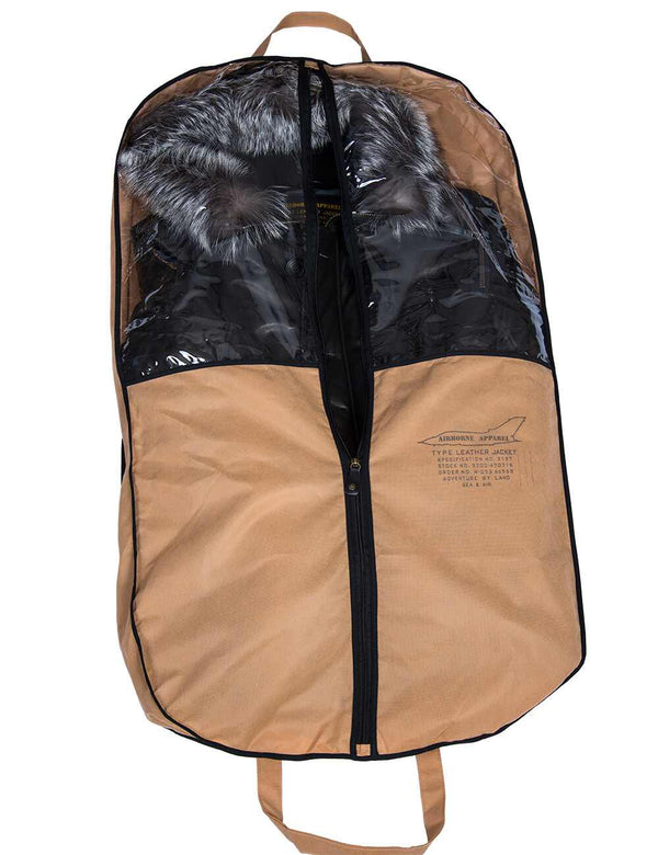 Black leather men's jacket with fur hood in translucent case.