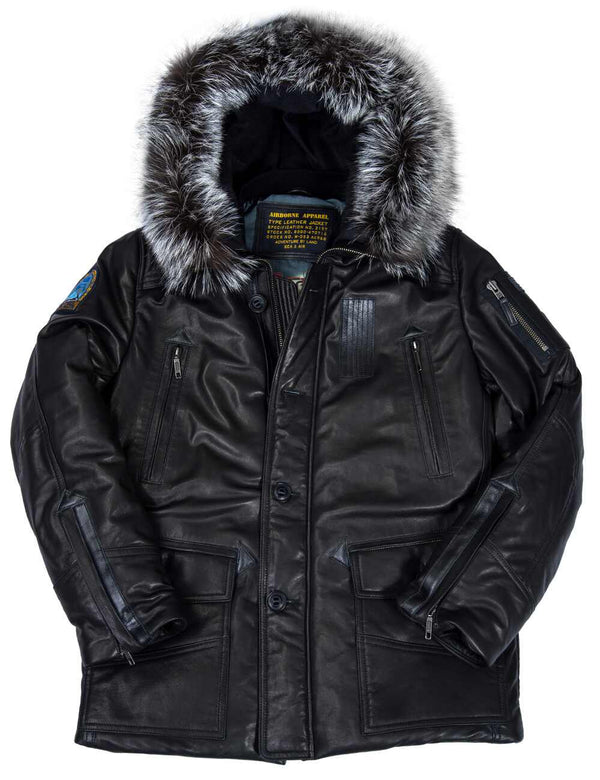 Black long leather men's jacket with fur hood.