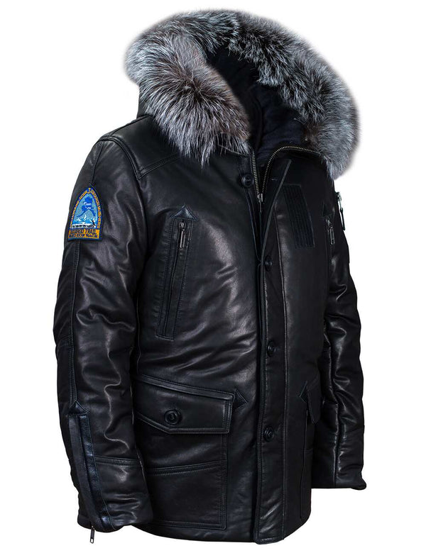 Men's black leather jacket with hood.