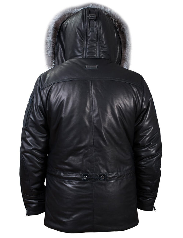 Men's black leather jacket with a hood trimmed with silver fox fur, back view.