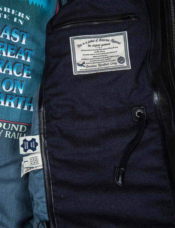 Patch on the inside pocket of a black men's leather jacket.