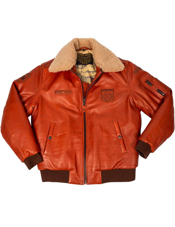 Orange men's leather jacket with bright patches, short, elasticated, with a sheepskin collar.