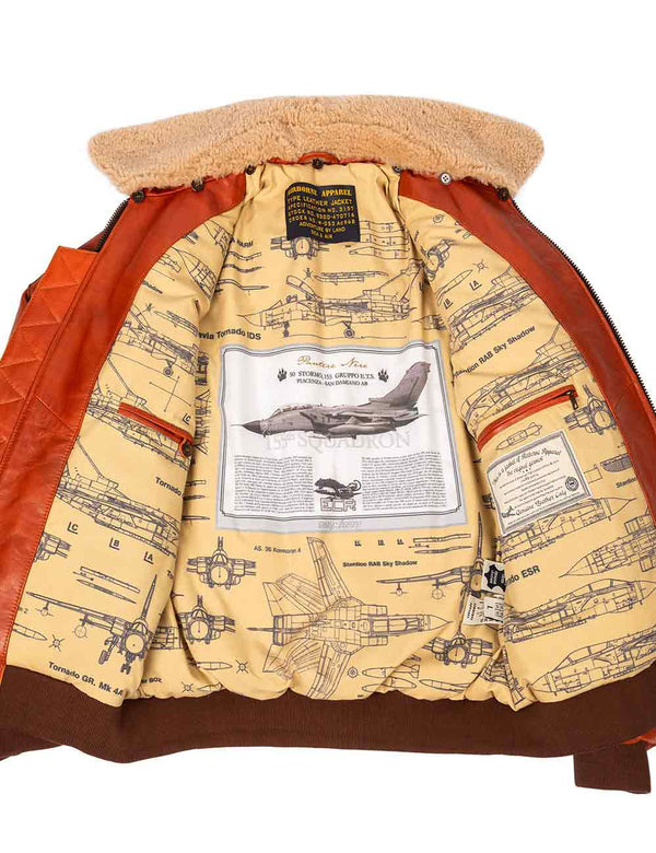 An orange leather jacket with a shearling collar and yellow lining with military aircraft graphics.