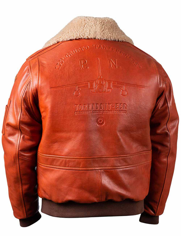 Embossed military aircraft on the back of an orange leather men's jacket with elastic waistband.