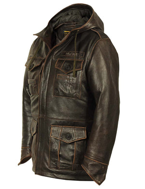 Men's leather jacket with hood.