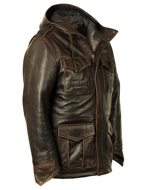 Men's leather jacket with hood.