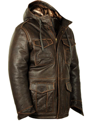 Men's long brown leather jacket.
