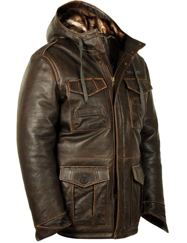 Men's long brown leather jacket.