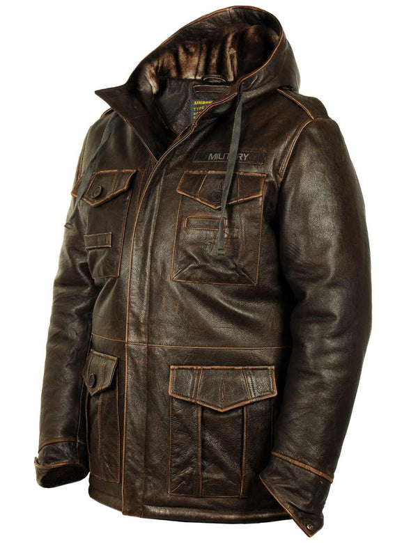 Men's long brown leather jacket.