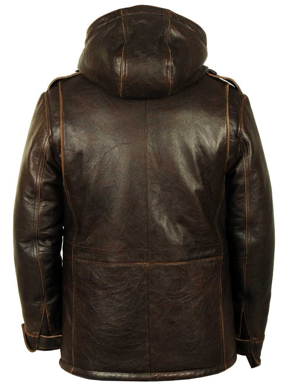 Men's long brown leather jacket with hood, back view.
