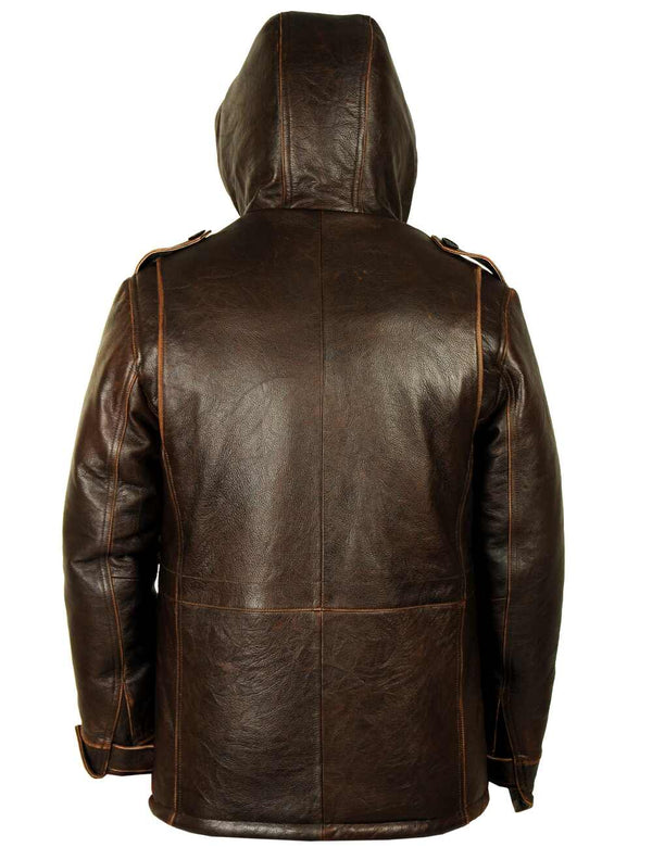Men's long brown leather jacket with hood, back view.