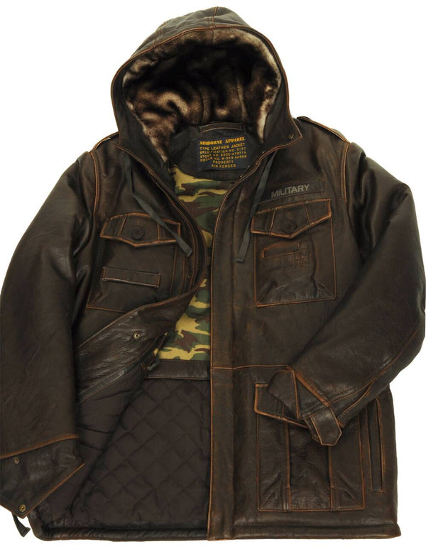Men's long brown leather jacket with a hood, unbuttoned, the hood is insulated with fur.