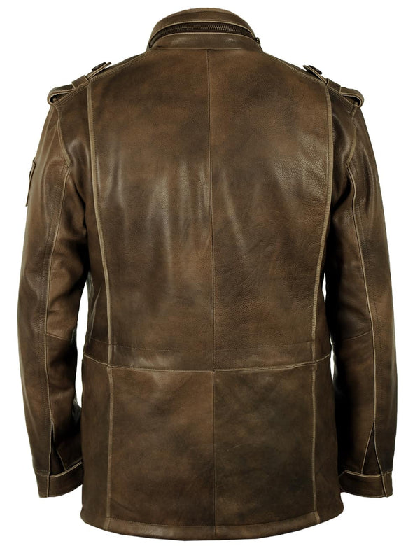 Men's olive leather jacket, back view.