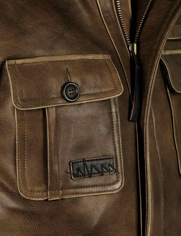 Pocket on the chest of men's leather jacket.