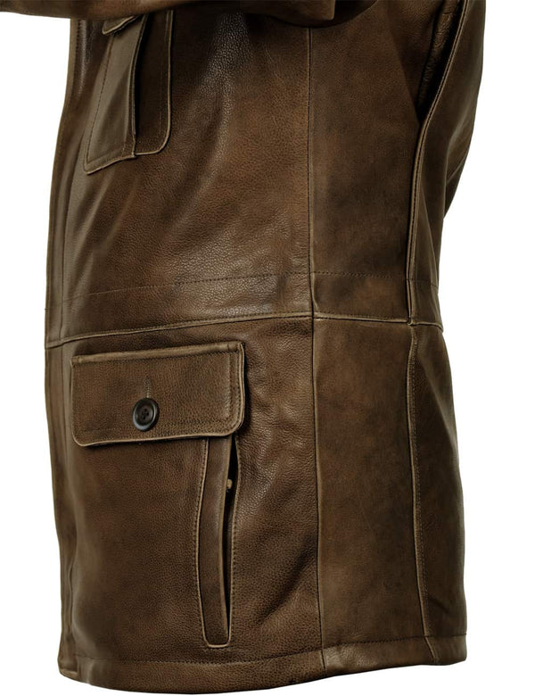 Part of a men's olive leather jacket.