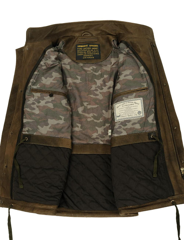 Men's olive leather jacket unbuttoned.