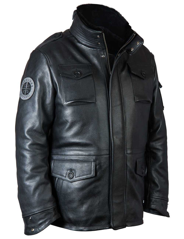 Men's black leather jacket.