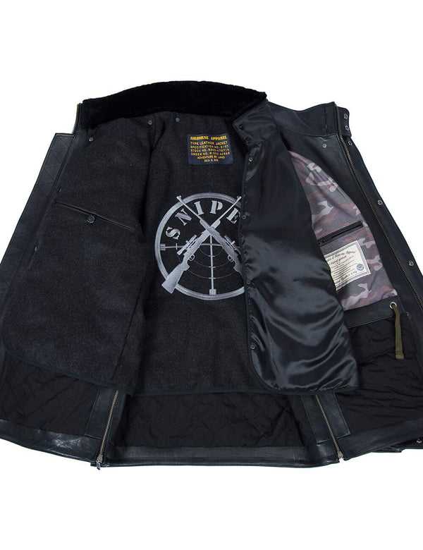 Men's black leather jacket unbuttoned, revealing removable lining.