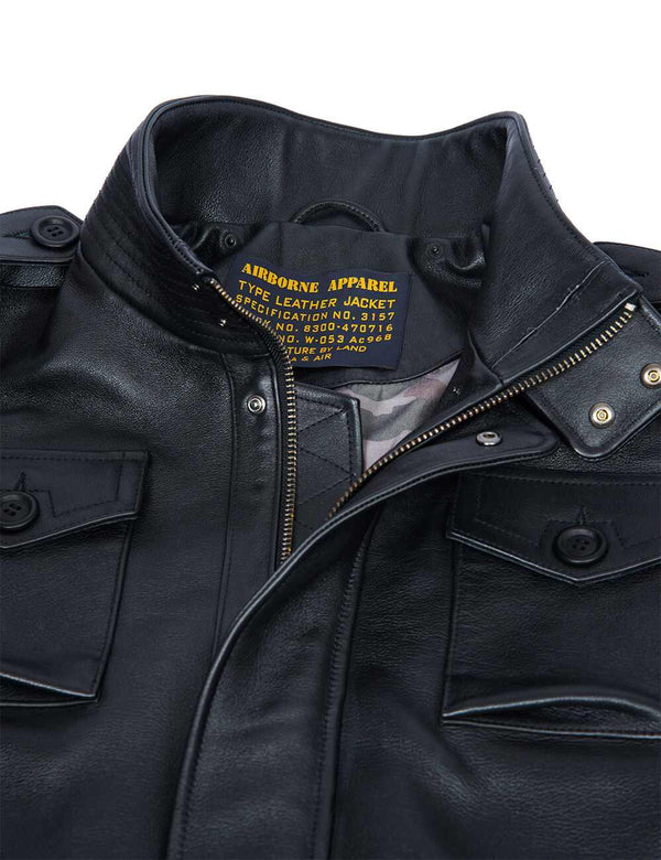 The top of a men's black leather jacket.