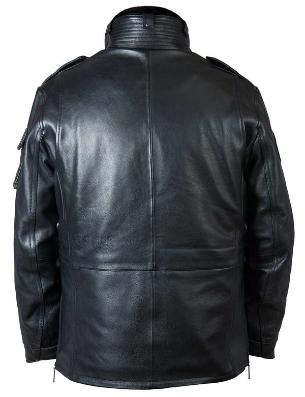 Men's black leather jacket, back view.