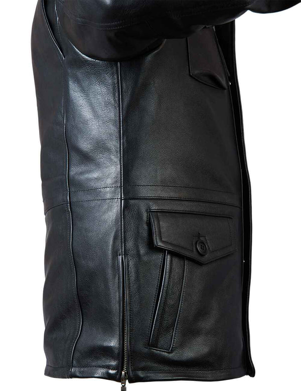 Men's black leather jacket, side view.
