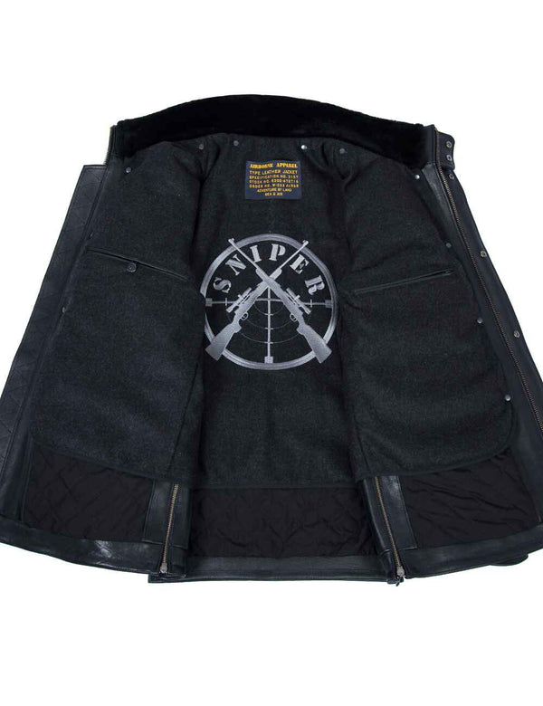 Men's black leather jacket unbuttoned, showing the lining and inner pockets.