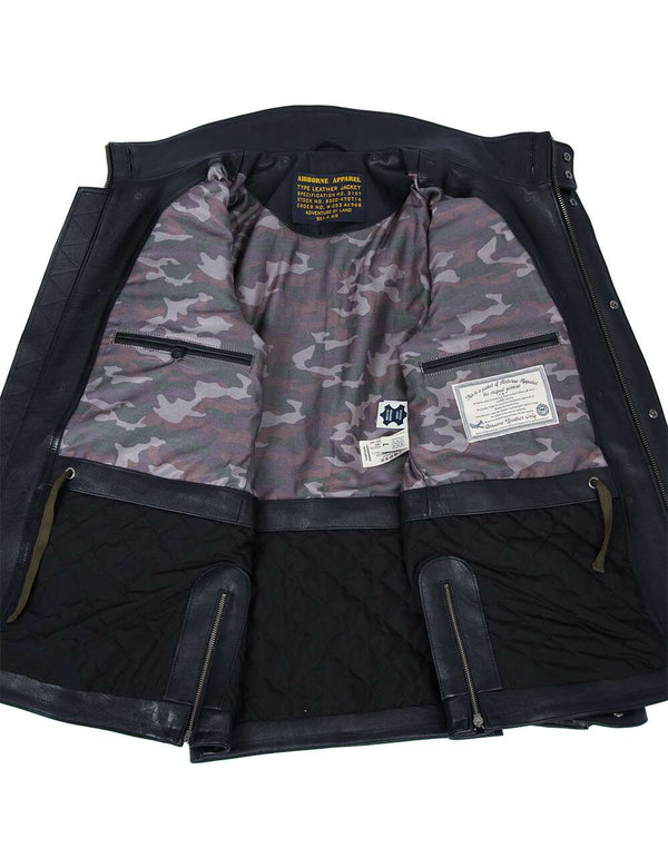 Men's black leather jacket unbuttoned, showing the lining and inner pockets.