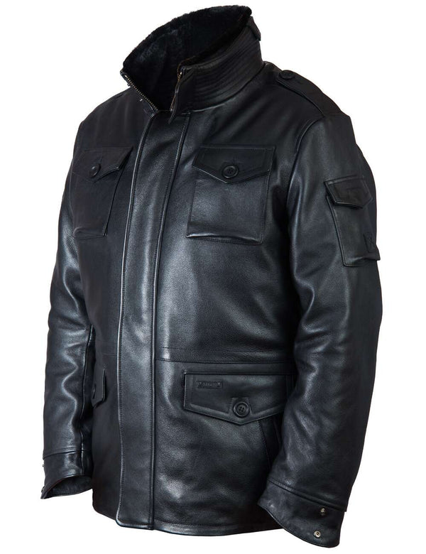 Men's black leather jacket.