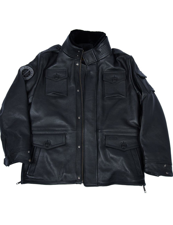 Men's black leather jacket with patch pockets.