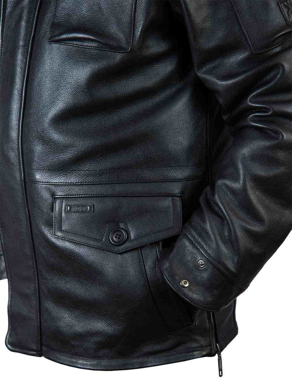 The lower left side of a men's black leather jacket.
