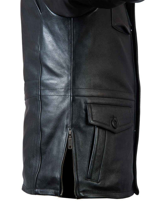 Men's black leather jacket, side view.