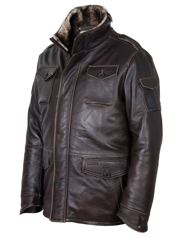 Men's long brown leather jacket.