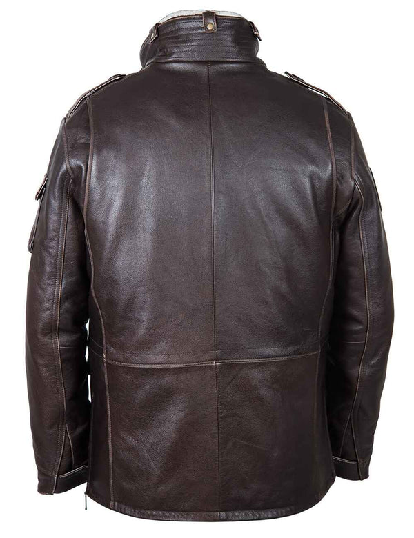 Men's long brown leather jacket, back view.