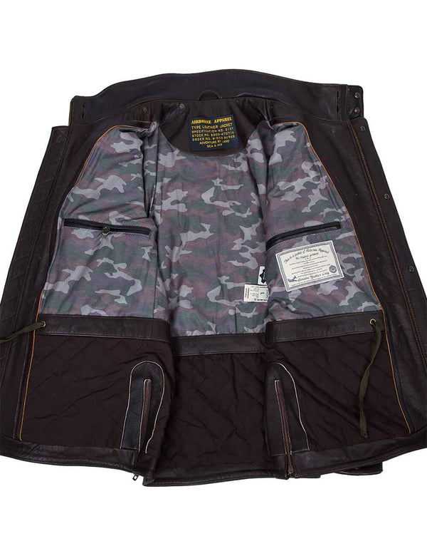 Men's long brown leather jacket unbuttoned, showing the lining and inner pockets.