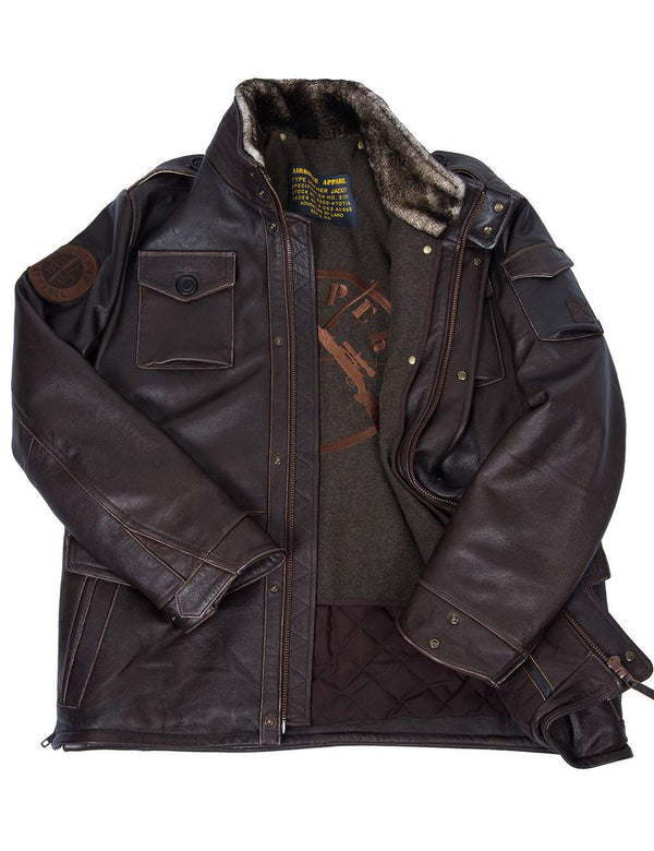 Men's long brown leather jacket with a fur stand-up collar, unbuttoned.