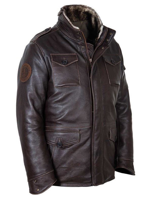 Men's long brown leather jacket.