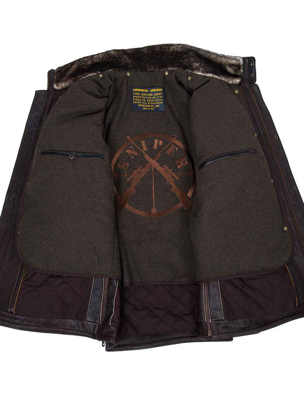 Men's long brown leather jacket unbuttoned, revealing a removable lining with a fur collar.