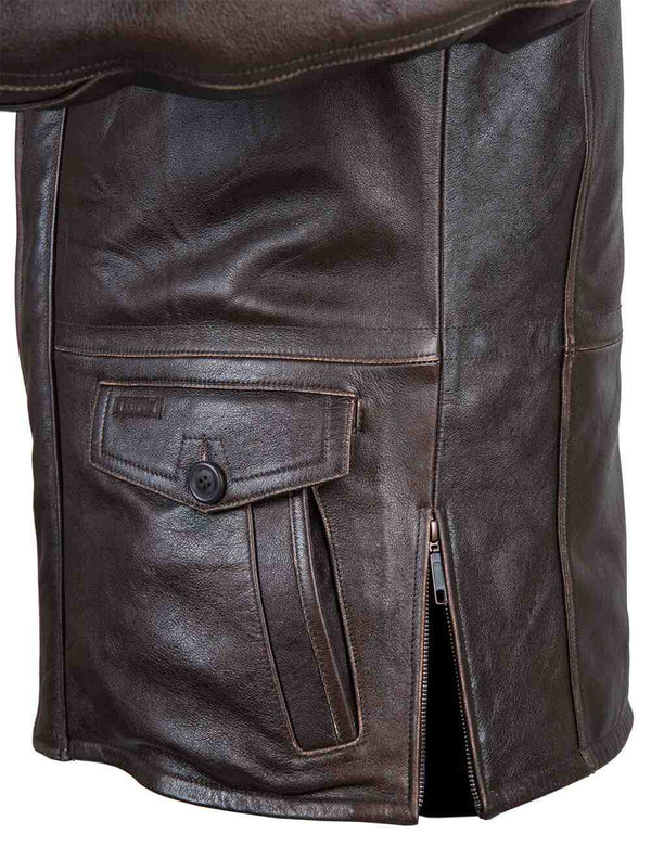 Men's brown leather jacket, side view.