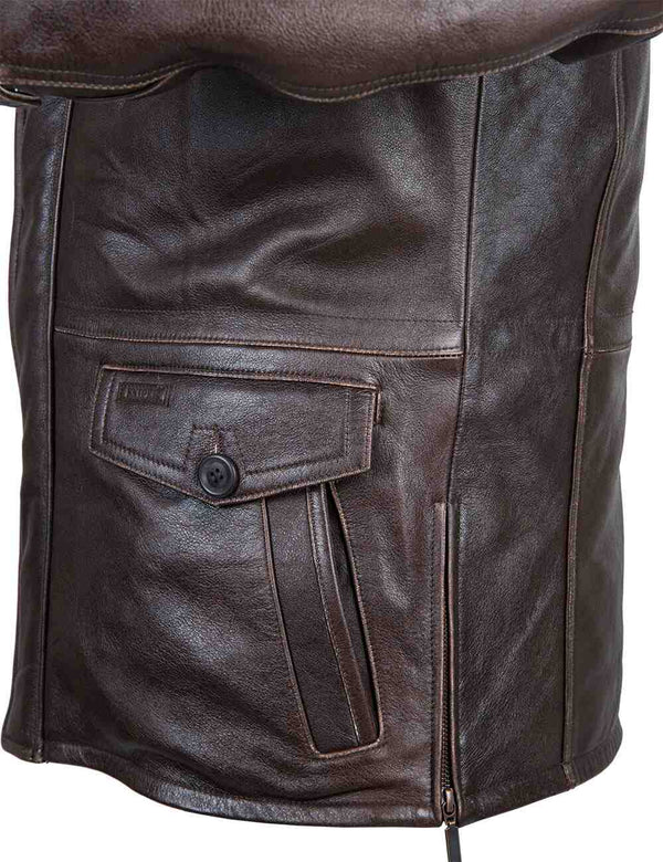 Men's brown leather jacket, side view.