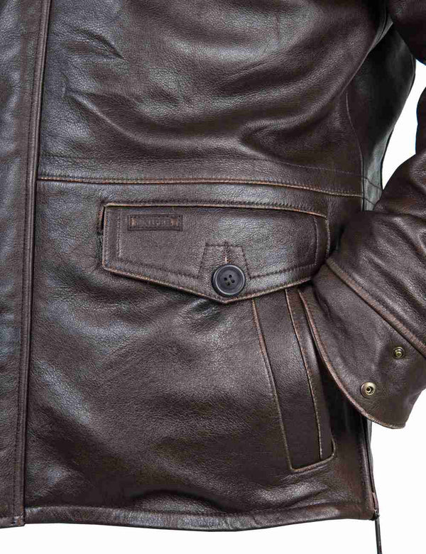 Lower pocket of a brown men's leather jacket.